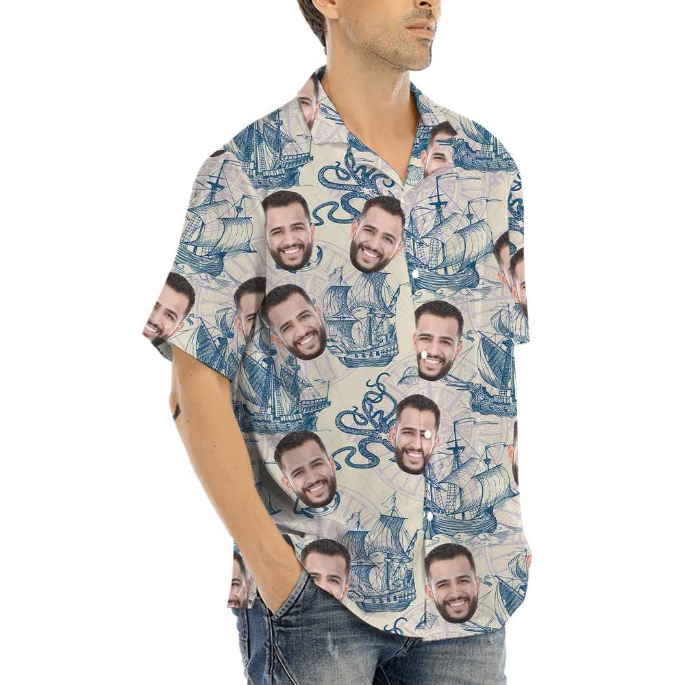 Custom Face Vintage Sailing Ship Hawaiian Shirt