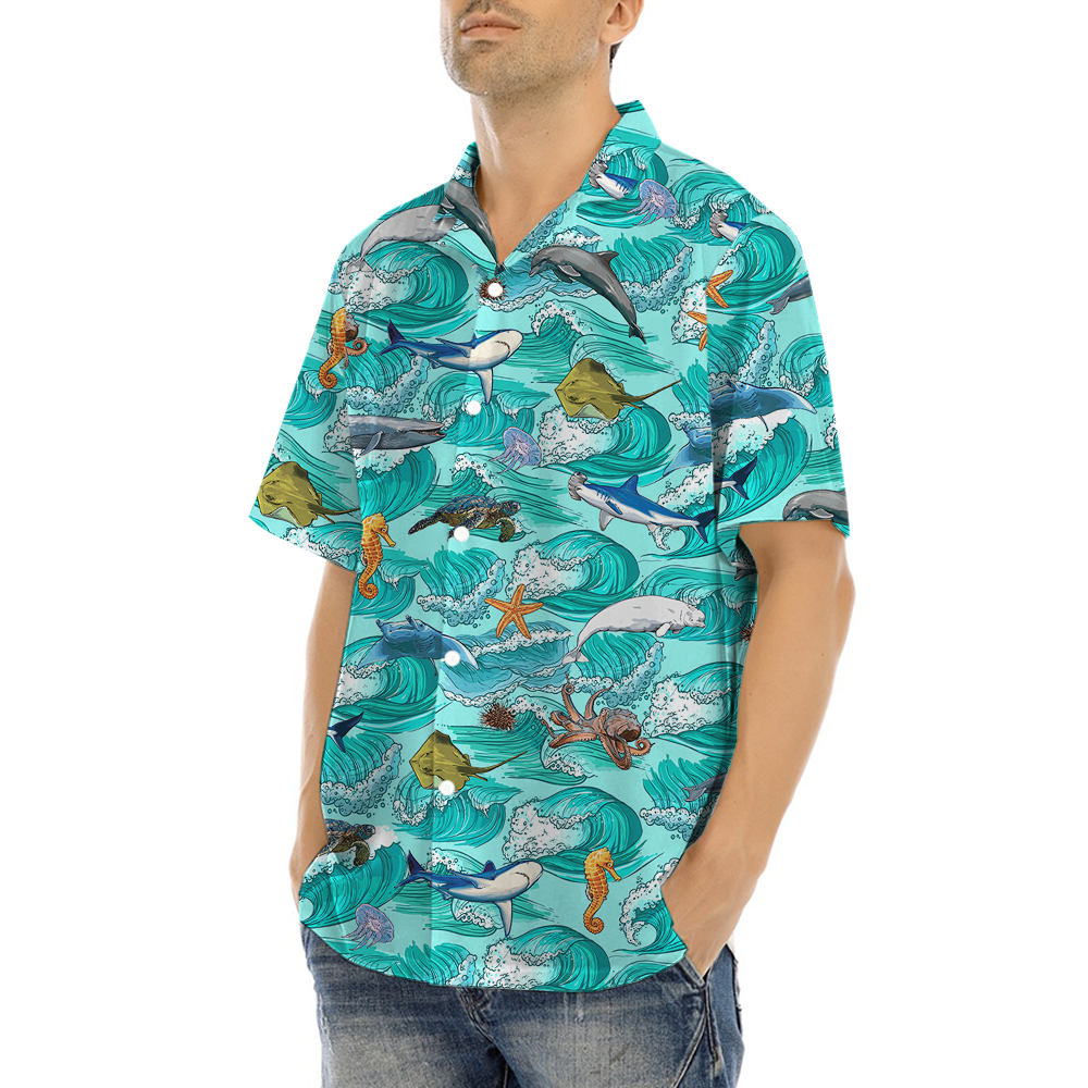 Ocean Creatures Blue Hawaiian Shirt