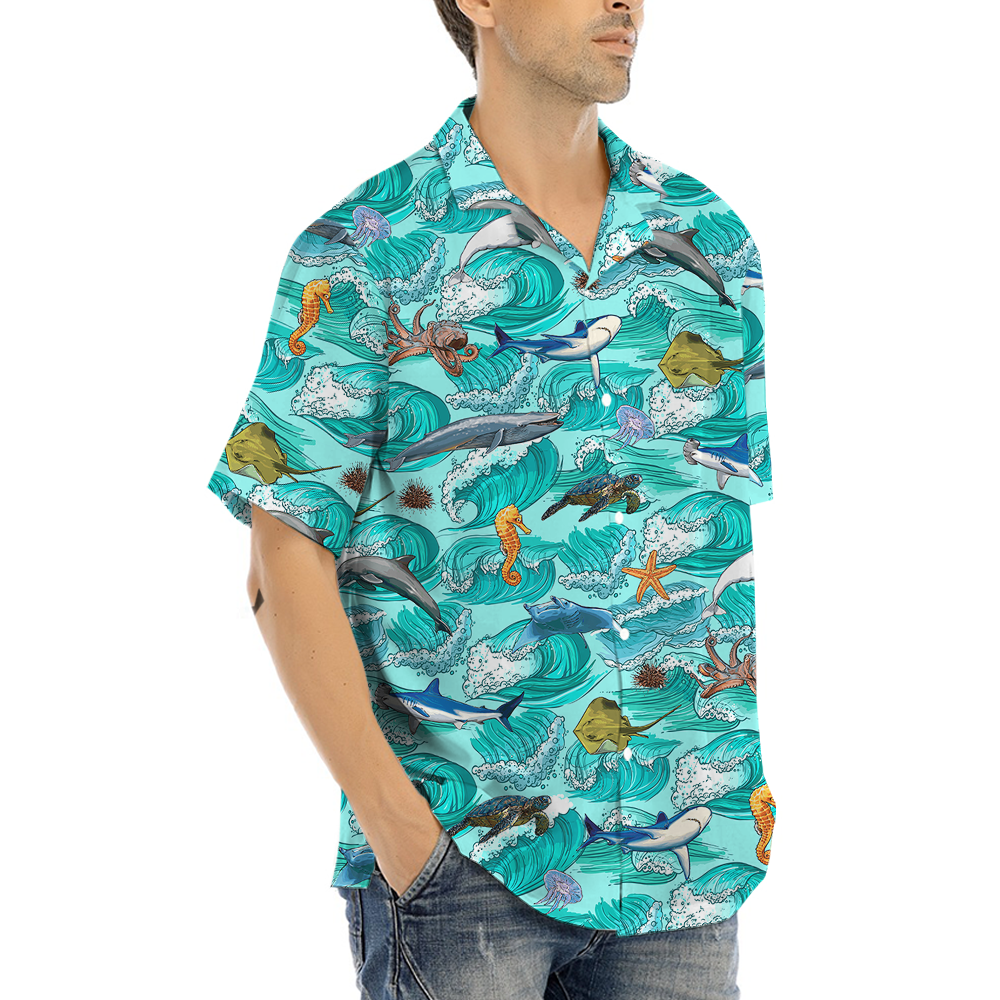 Ocean Creatures Blue Hawaiian Shirt