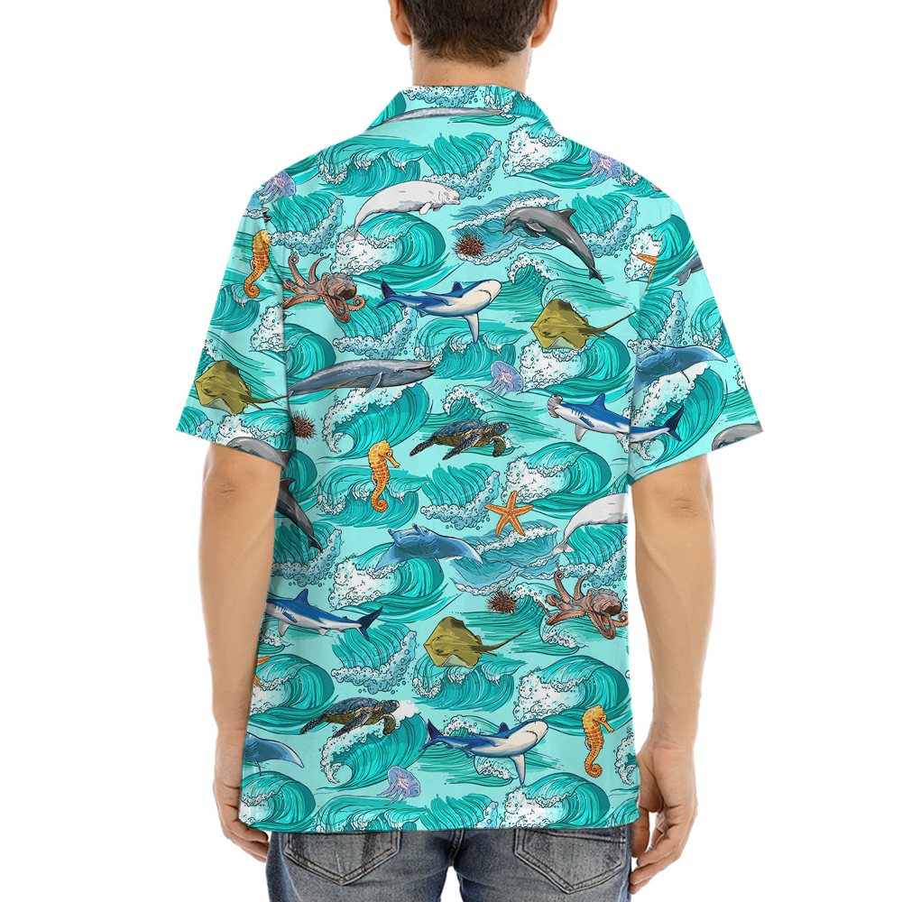 Ocean Creatures Blue Hawaiian Shirt