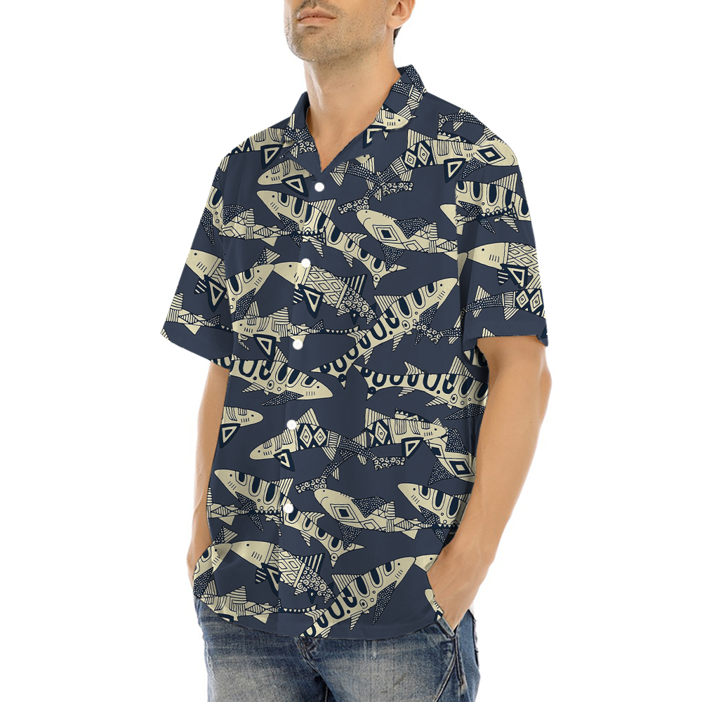 Vintage Shark Navy Hawaiian Button Up Shirt