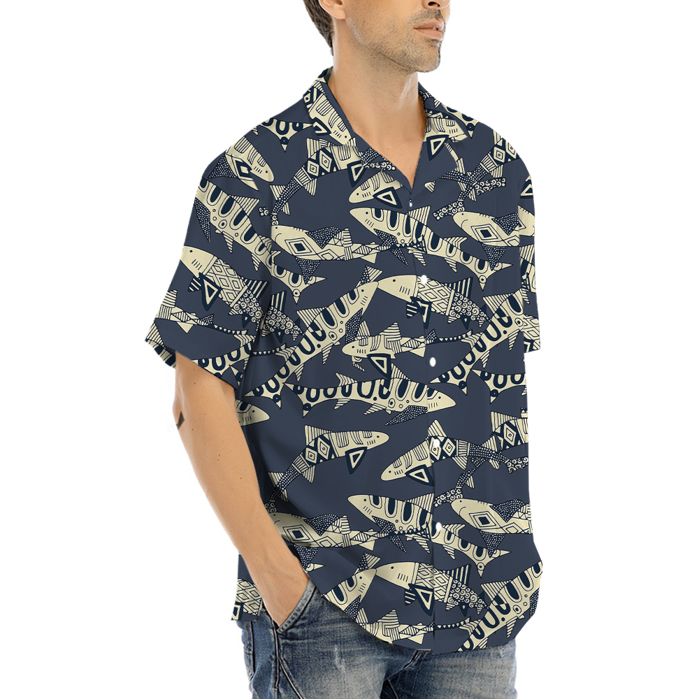 Vintage Shark Navy Hawaiian Button Up Shirt