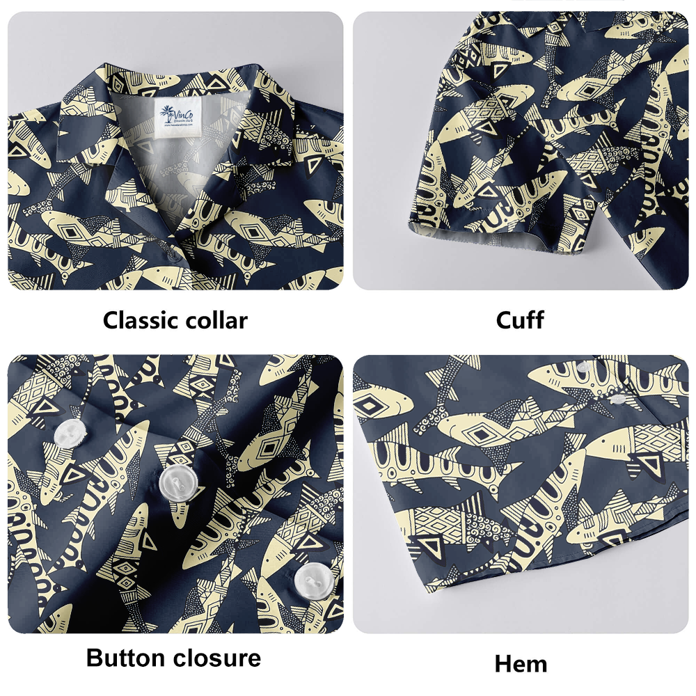 Vintage Shark Navy Hawaiian Button Up Shirt
