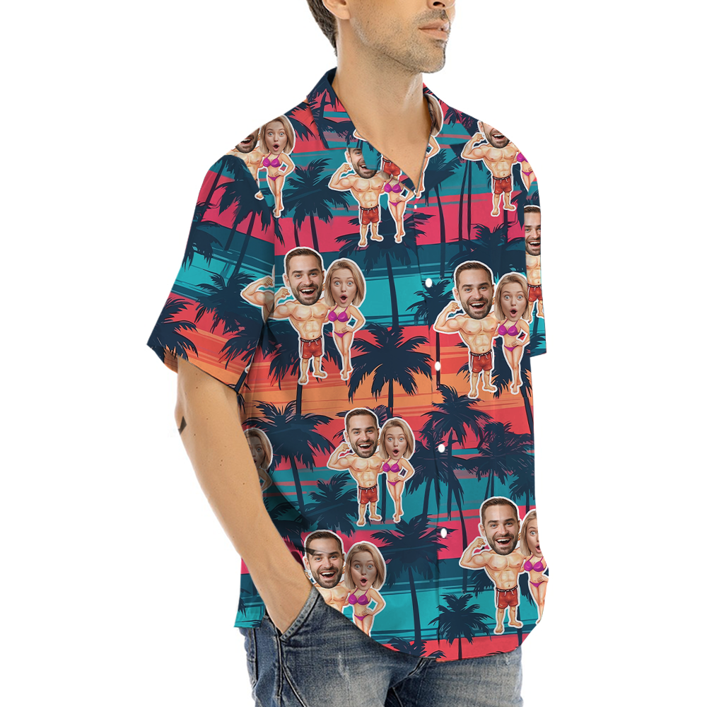 Funny Custom Face Couple Bikini Hawaiian Shirt