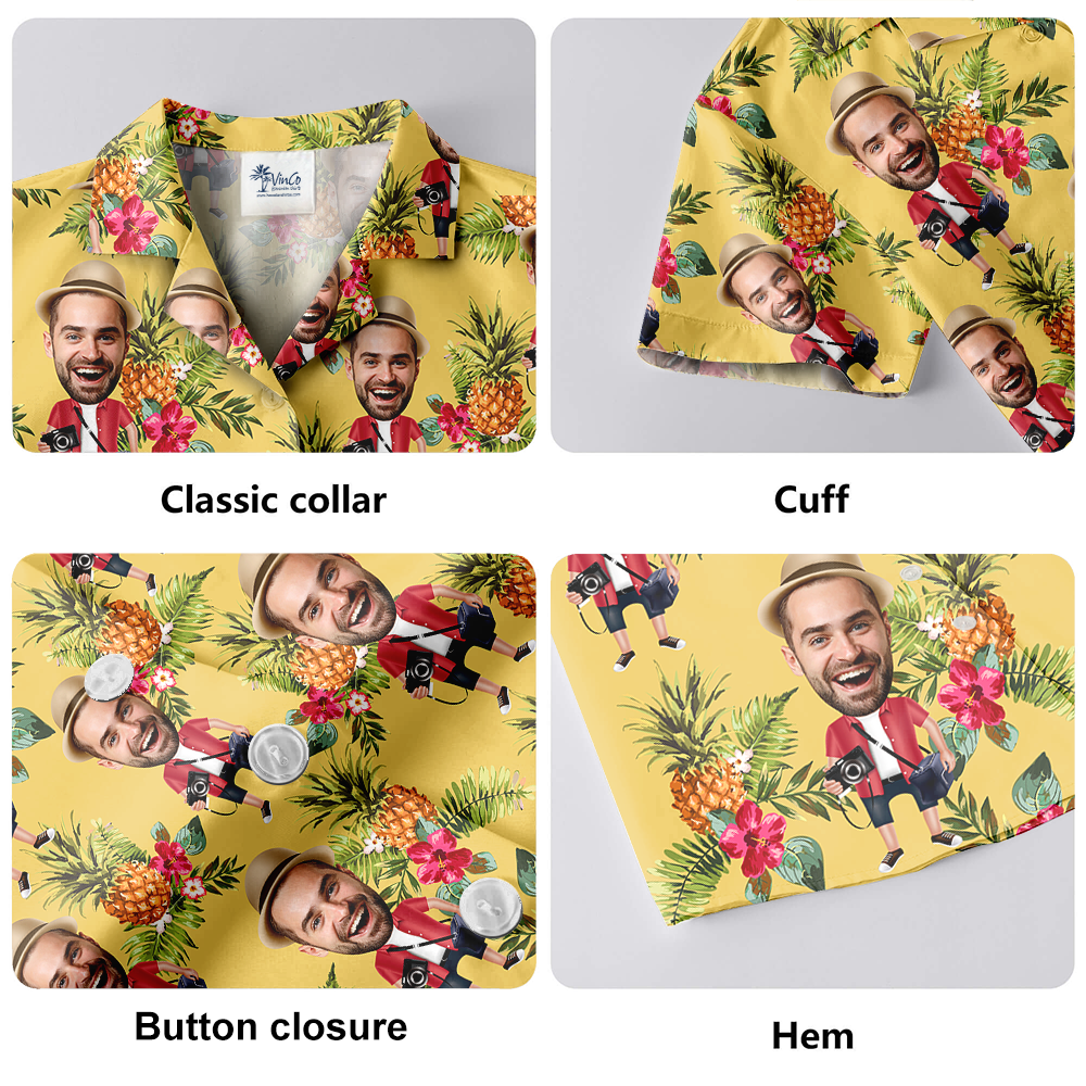 Funny Custom Face Floral Pineapple Yellow Hawaiian Shirt
