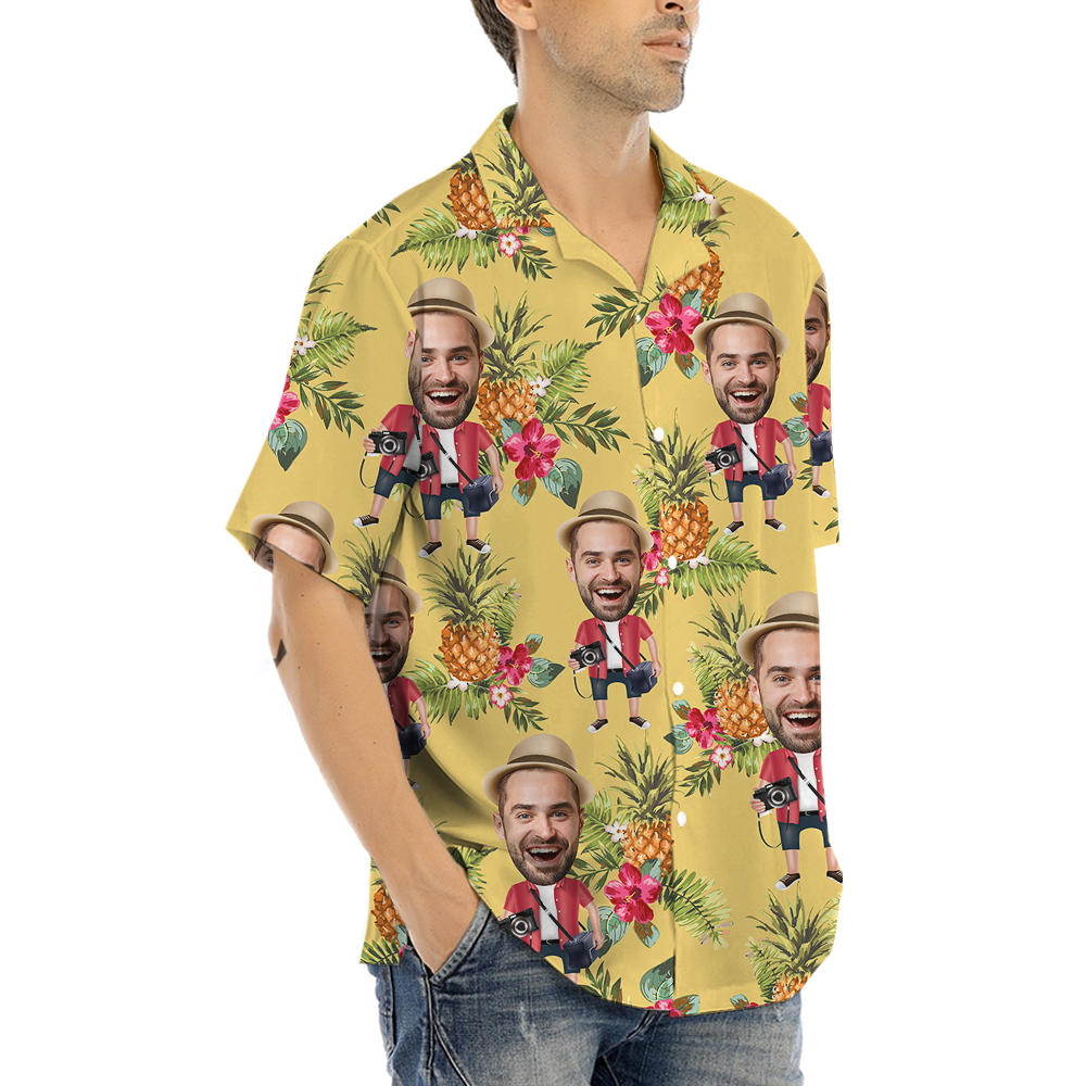 Funny Custom Face Floral Pineapple Yellow Hawaiian Shirt
