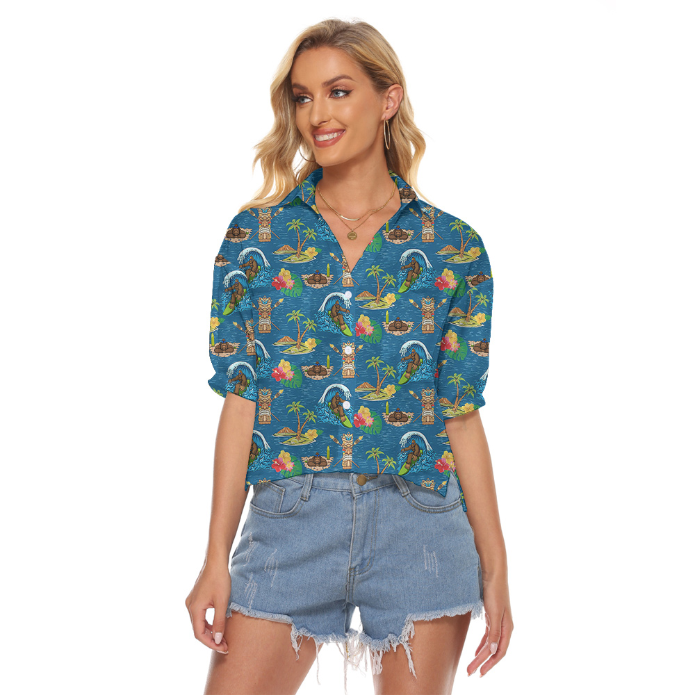 Surfing Bigfoot Hula Cropped Shirt Blue Tiki Theme - variant image 1