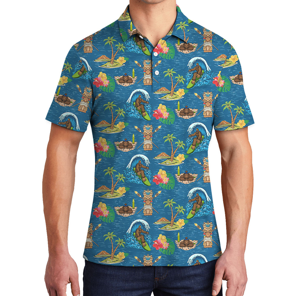 Bigfoot Blue Tiki Hawaiian Polo Golf Shirt - variant image 1
