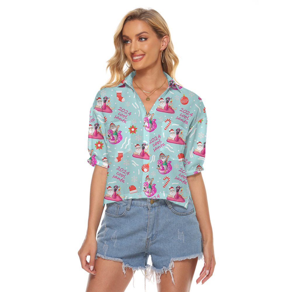 Funny Santa Flamingo Hula Xmas Women Cropped Shirt - variant image 1