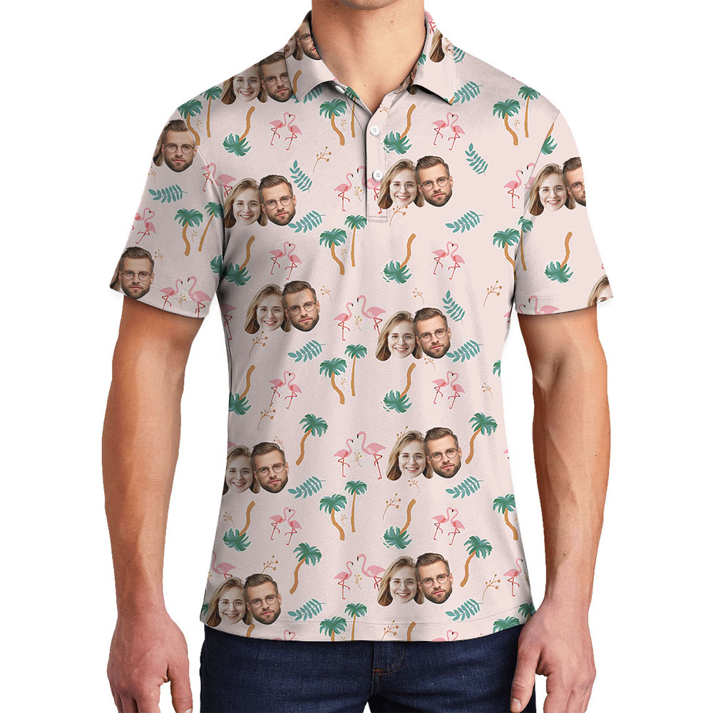 Pink Men's Golf Shirt With Flamingo Theme And Face - variant image 1
