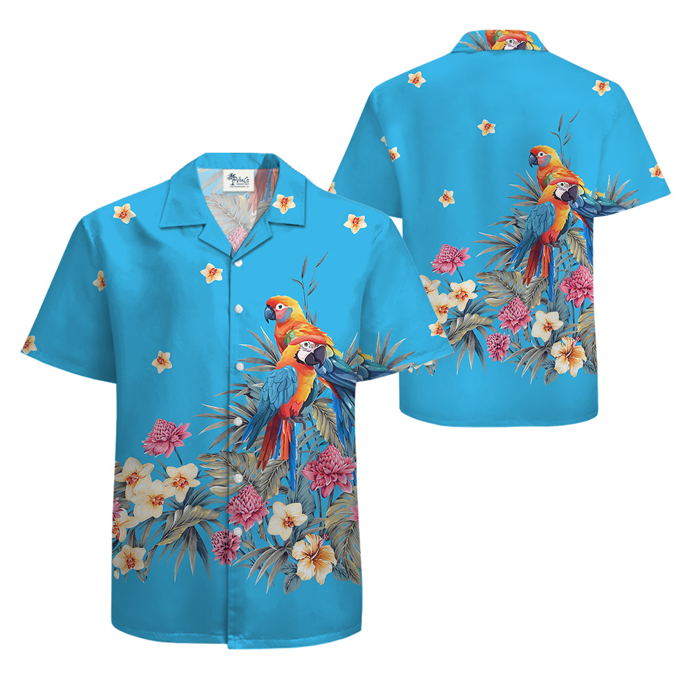 Floral Parrot Blue Hawaiian Shirt for Men