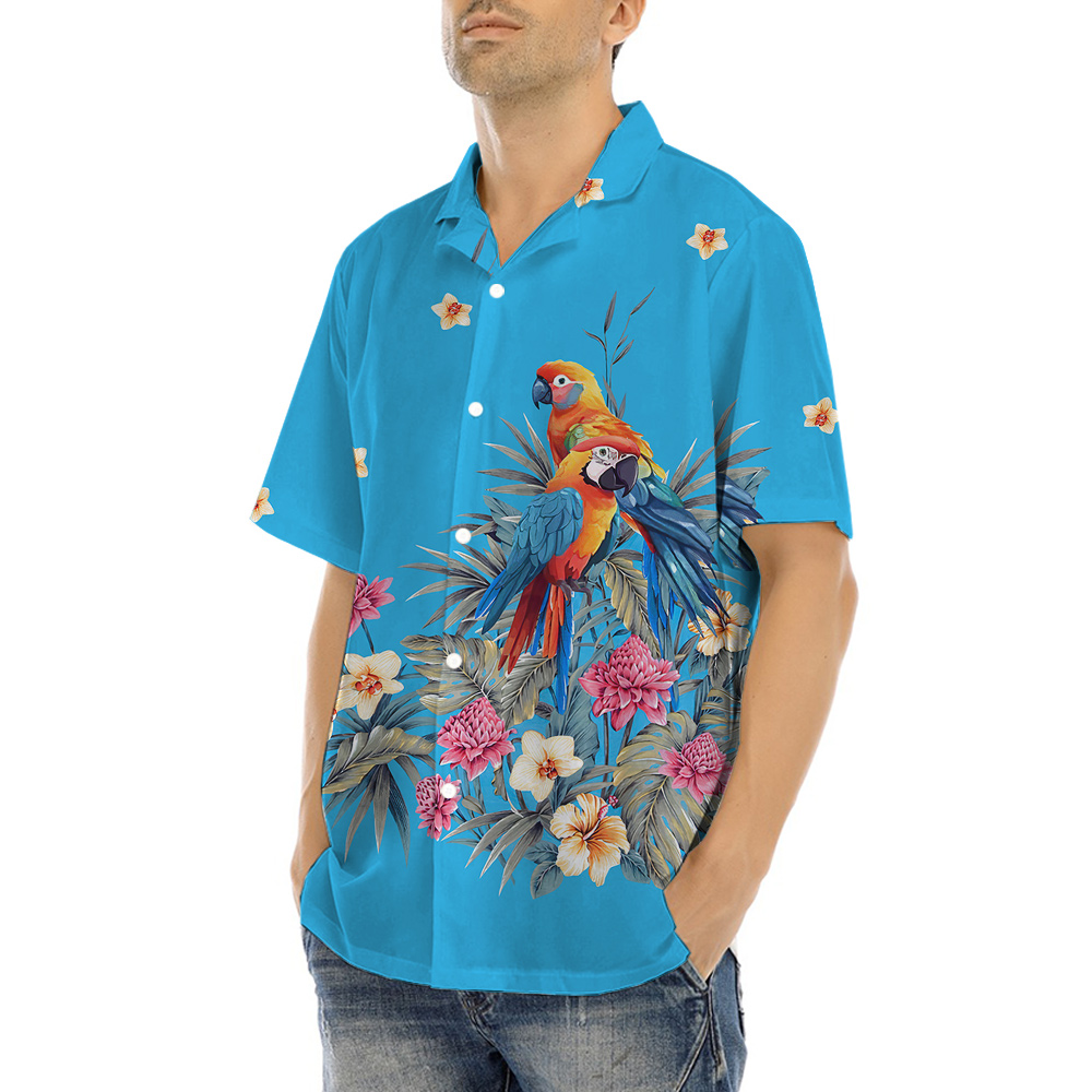 Floral Parrot Blue Hawaiian Shirt for Men