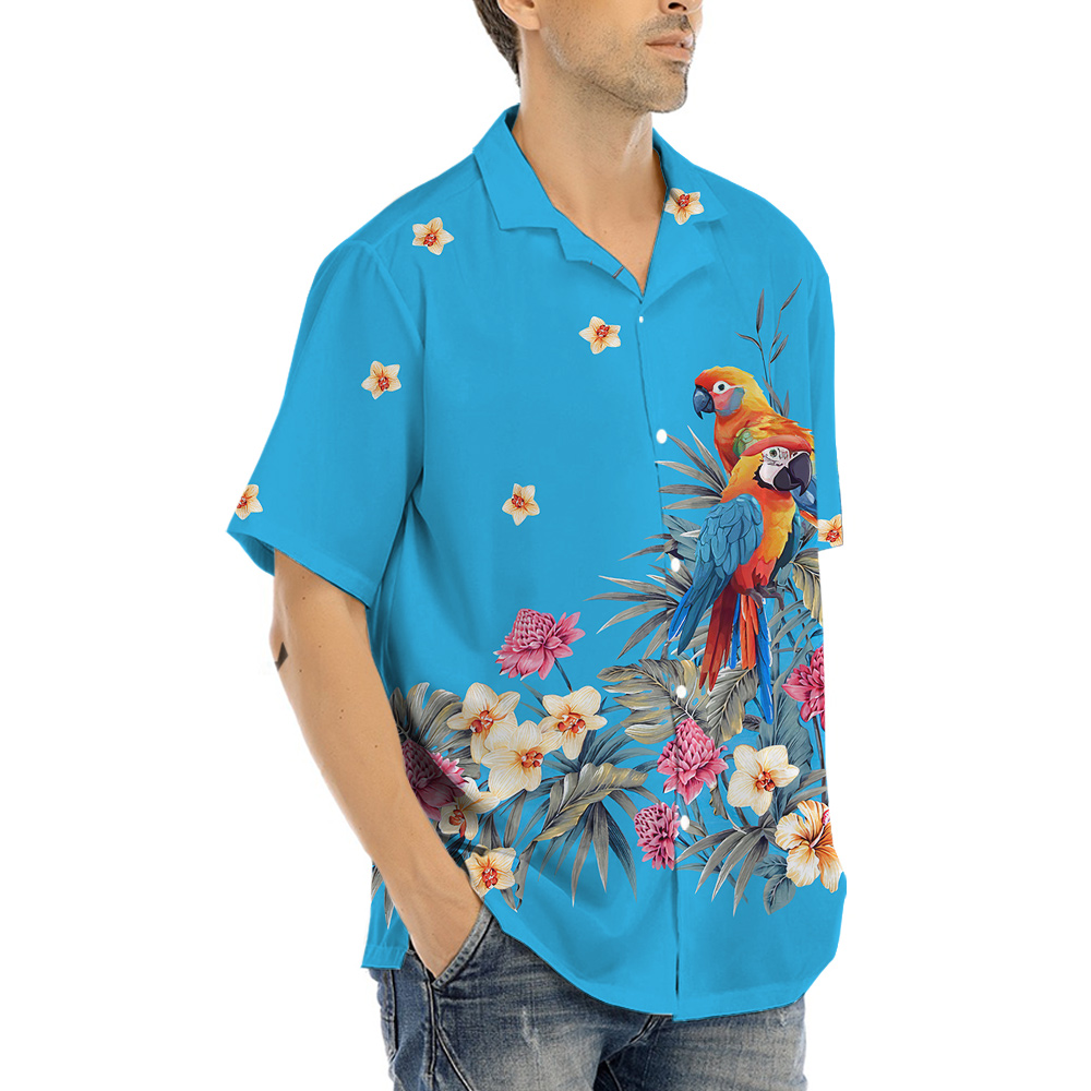 Floral Parrot Blue Hawaiian Shirt for Men