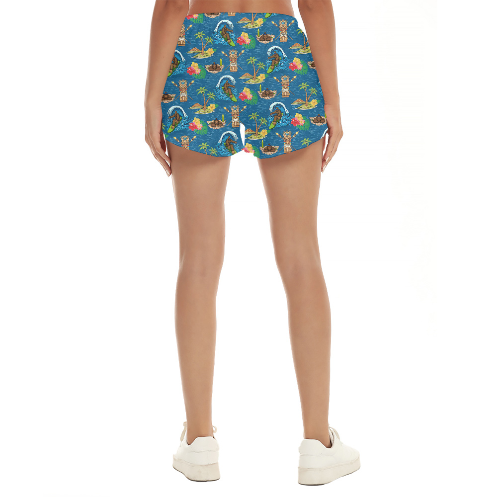 Surfing Bigfoot Hula Women Short Blue Tiki Theme