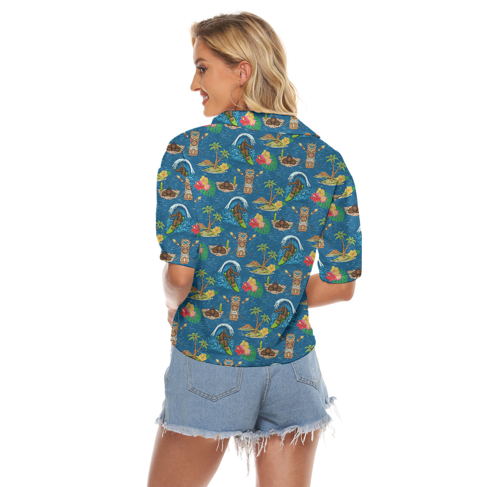 Surfing Bigfoot Hula Cropped Shirt Blue Tiki Theme