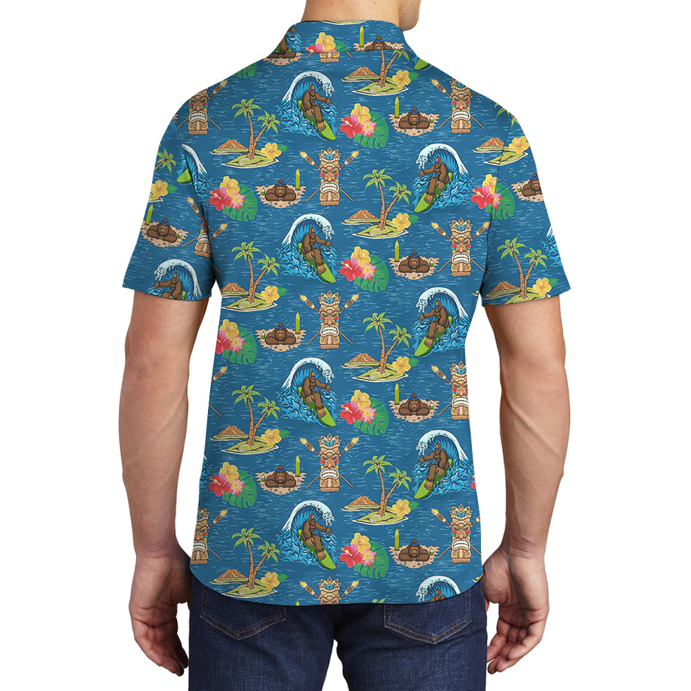 Bigfoot Blue Tiki Hawaiian Polo Golf Shirt