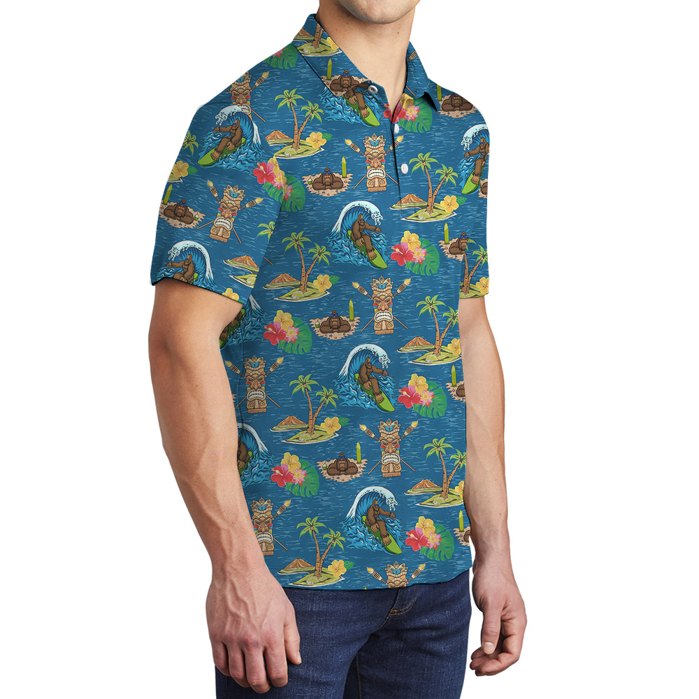 Bigfoot Blue Tiki Hawaiian Polo Golf Shirt