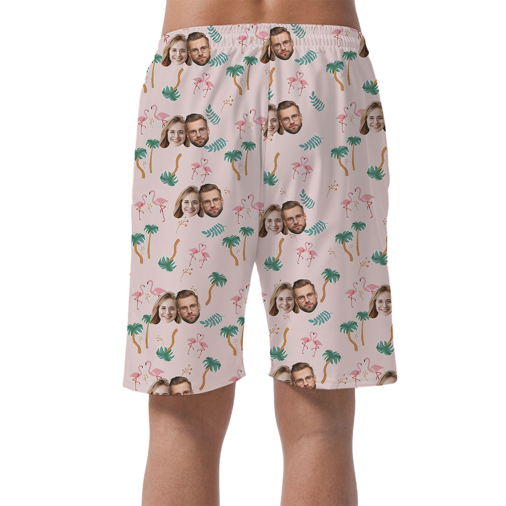 Pink Men's Beach Shorts With Couple Faces On Them