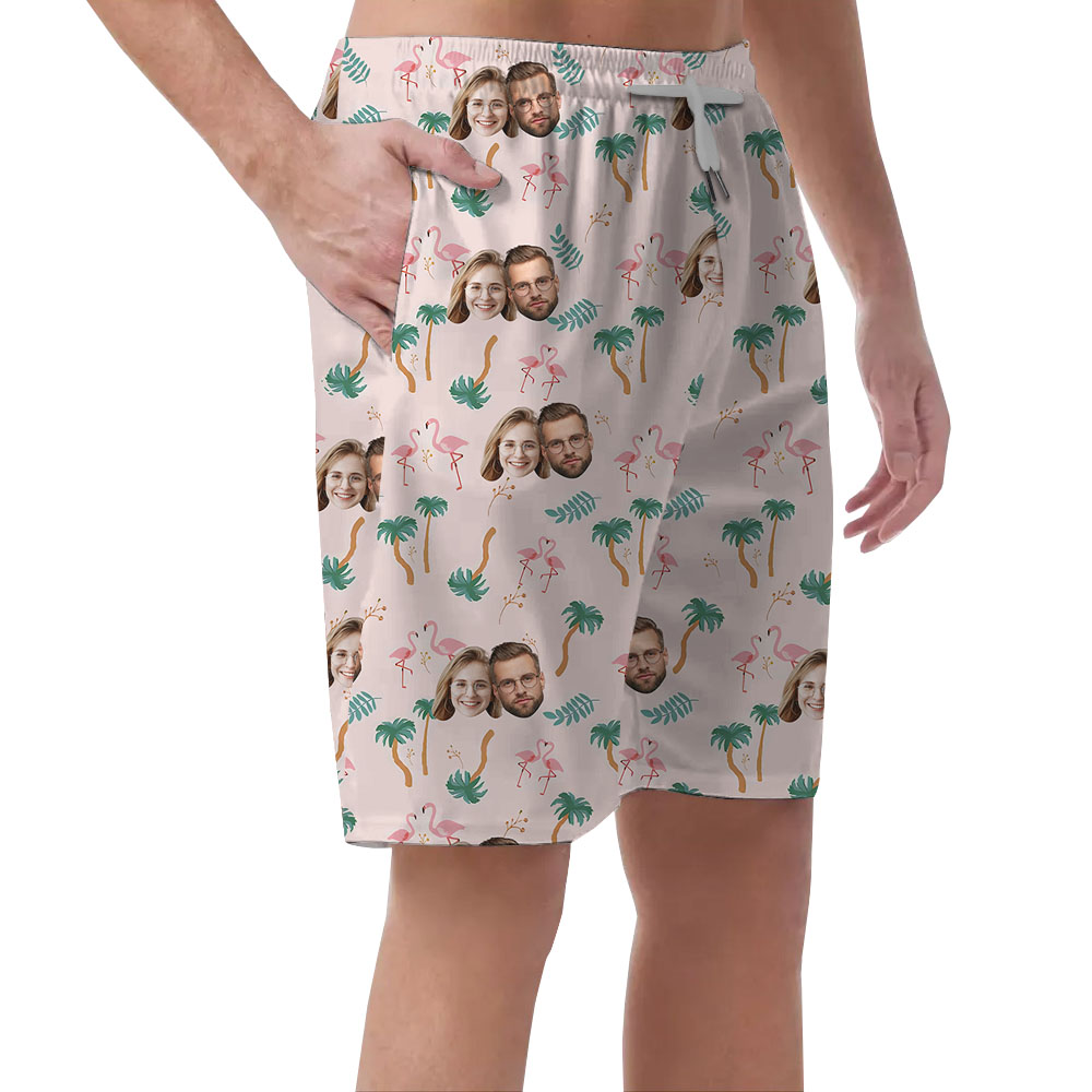 Pink Men's Beach Shorts With Couple Faces On Them