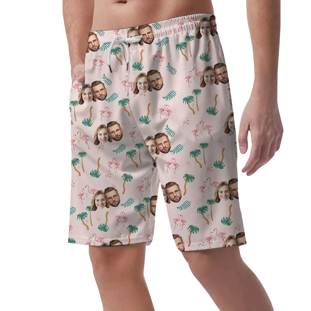 Pink Men's Beach Shorts With Couple Faces On Them