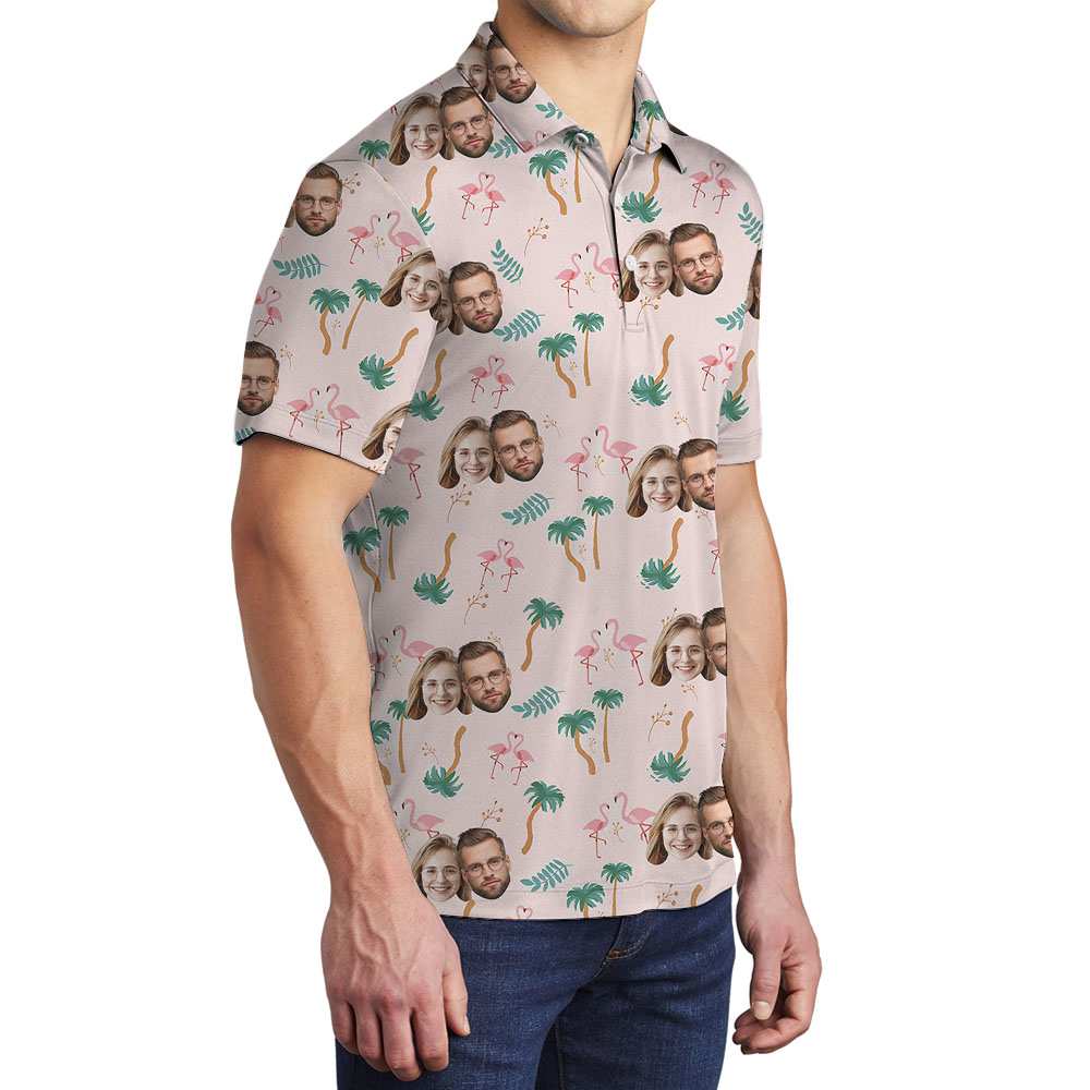 Pink Men's Golf Shirt With Flamingo Theme And Face