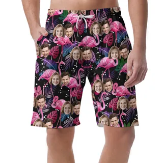 Casual Men's Hawaiian Shorts With Flamingo And Faces Print