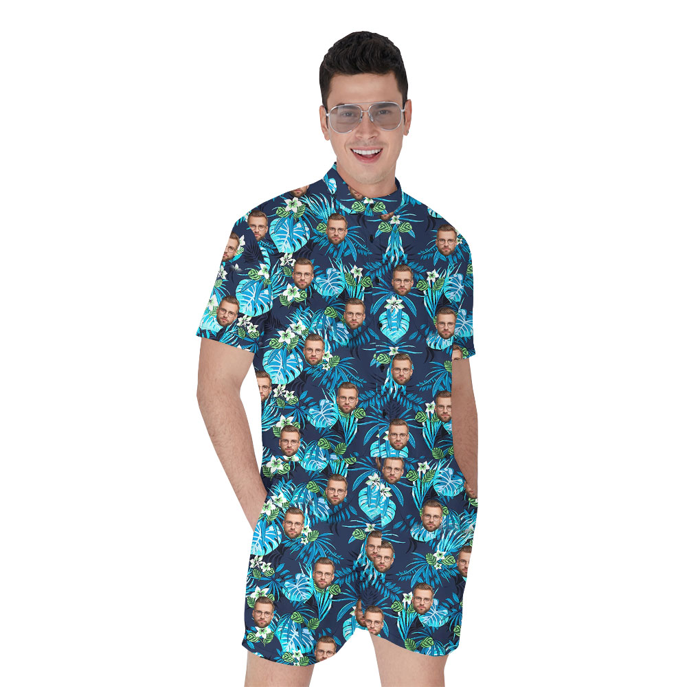 Personalized 1-5 Face Men's Romper With Tropical Blue Print - variant image 1