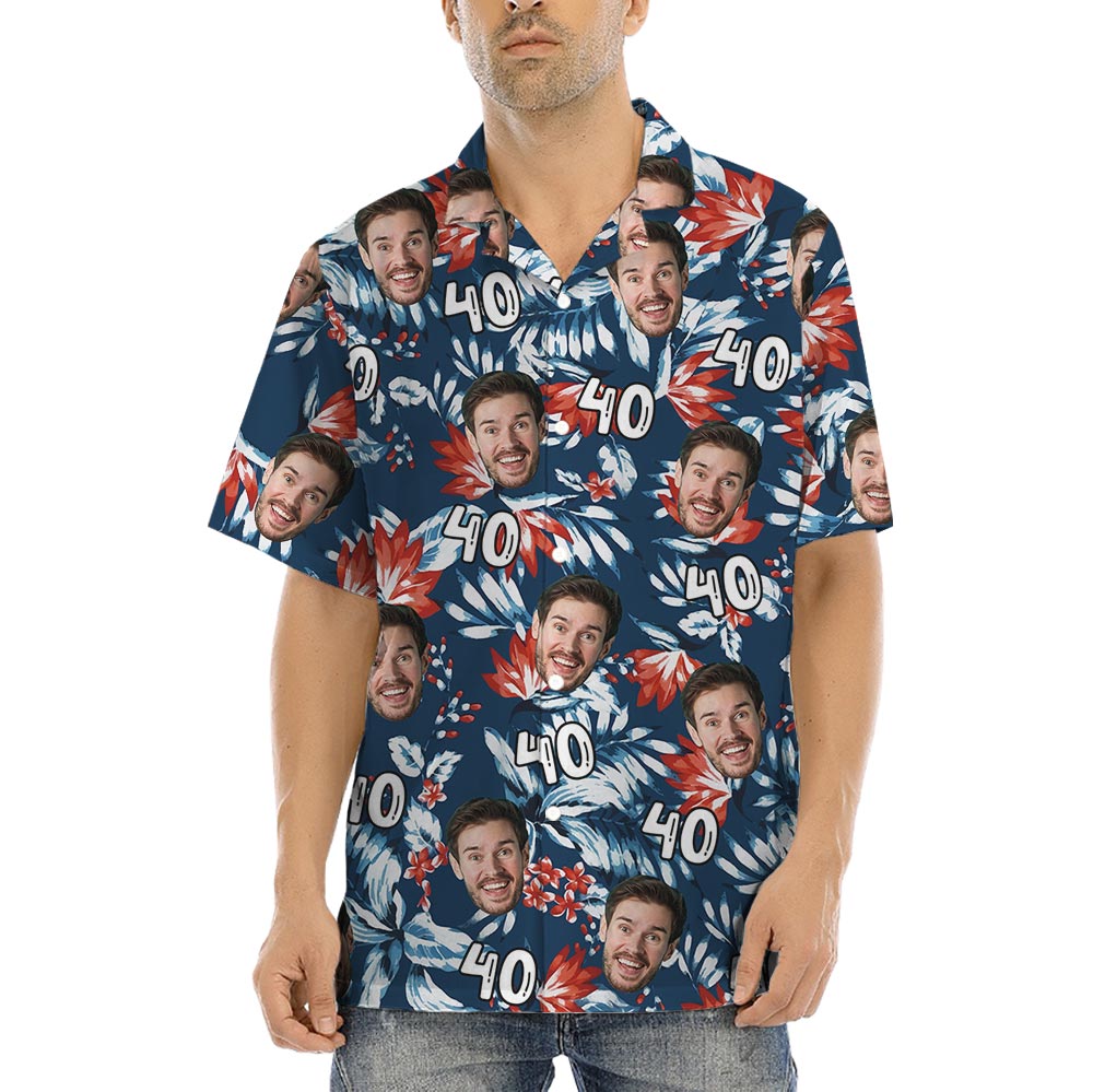 Personalized Face Birthday Hawaiian Button Up Shirt Navy - variant image 1