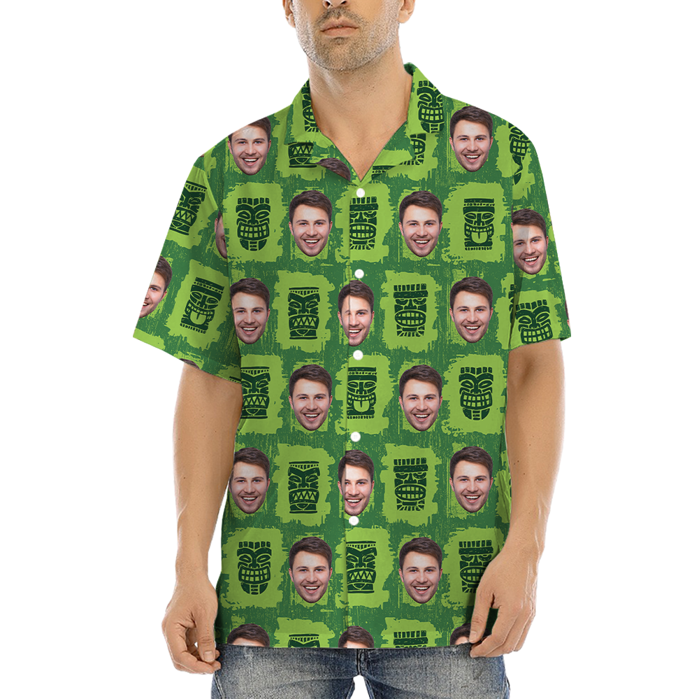 Vintage Tiki Green Aloha Shirt With Custom Face - variant image 1