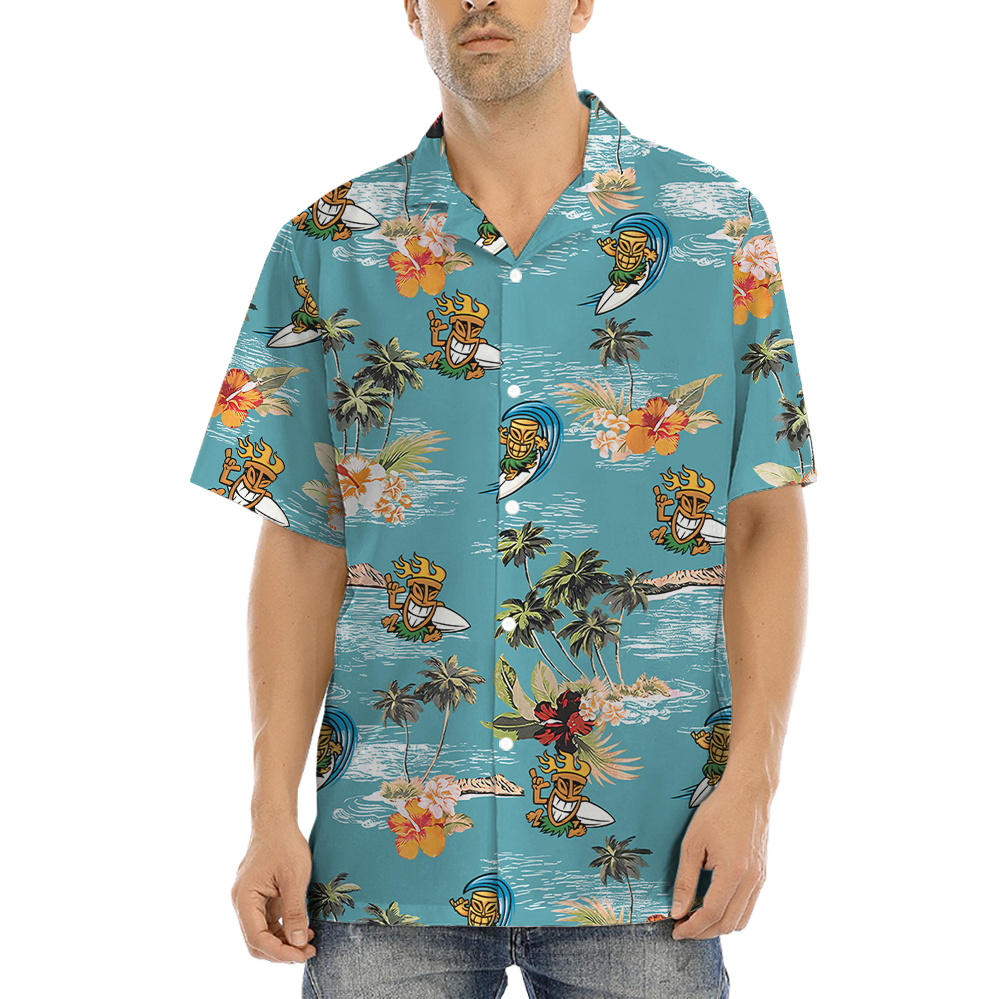Funny Tiki Surfing Summer Blue Hawaiian Shirt - variant image 1