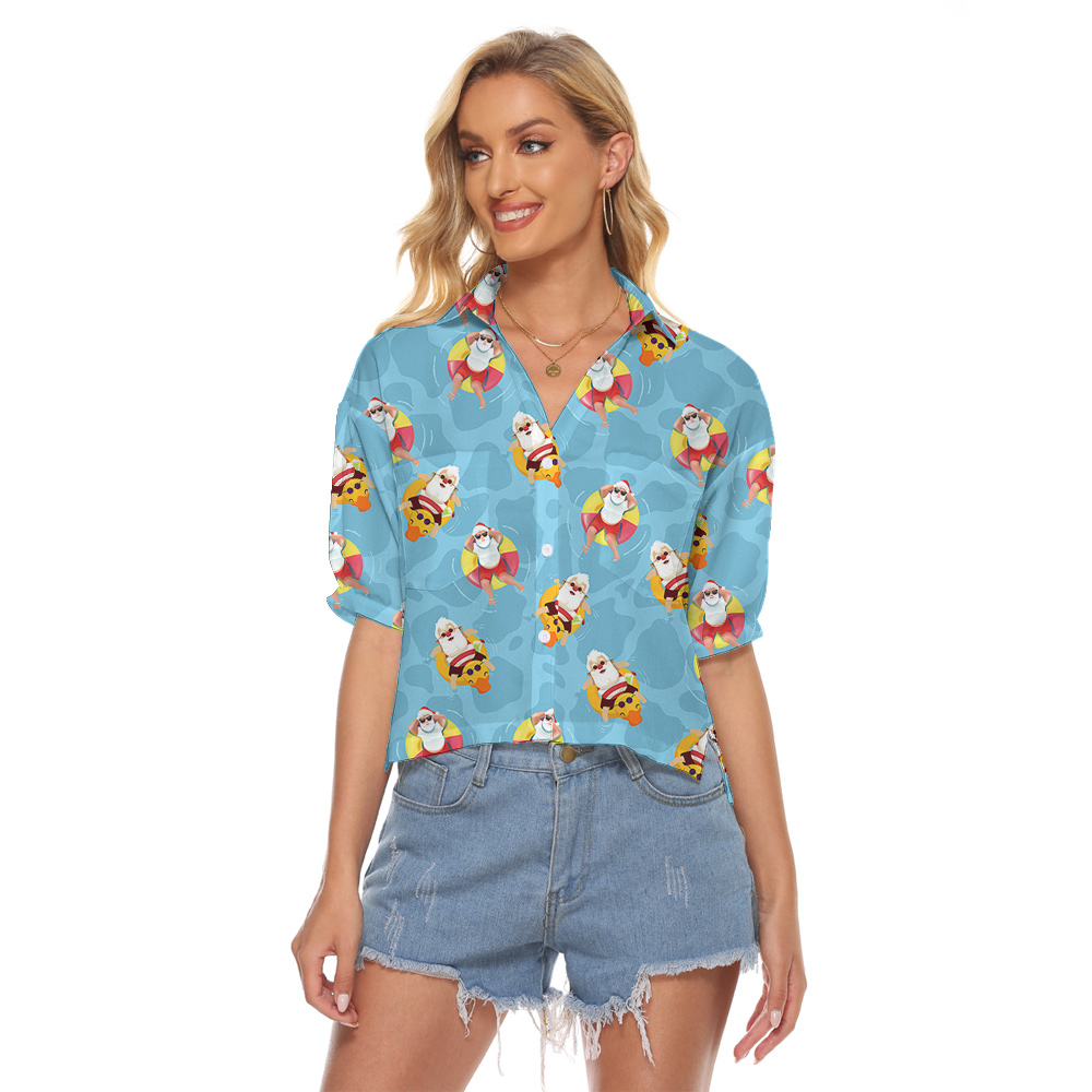 Swimming Santa Summer Xmas Blue Hawaiian Cropped Shirt - variant image 1
