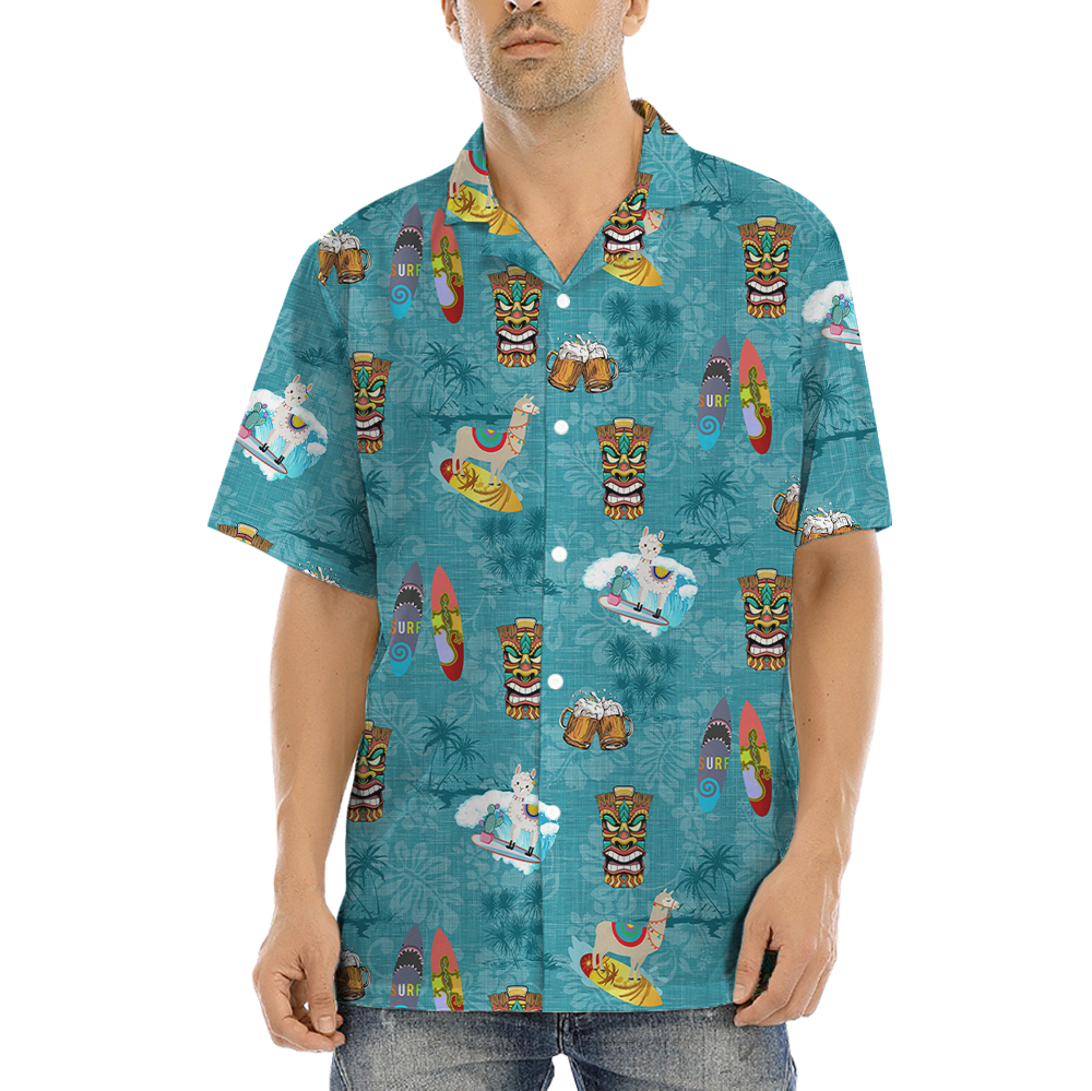 Cute Tiki Llama Vintage Tropical Blue Hawaiian Shirt - variant image 1