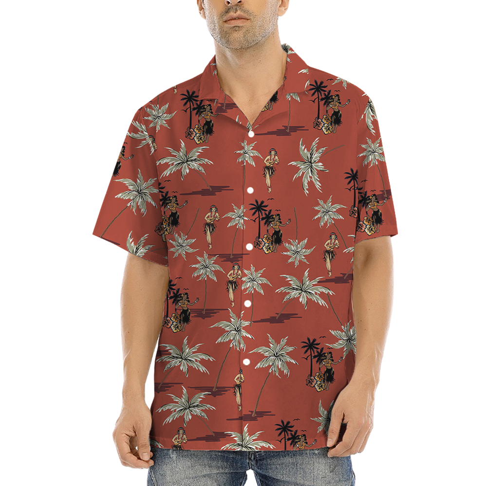 Vintage Hula Girls Orange Hawaiian Shirt - variant image 1