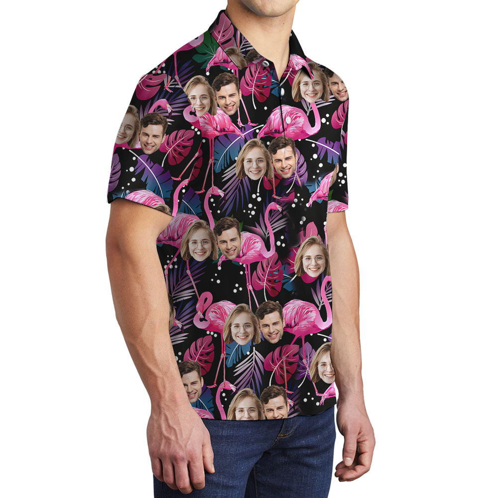 Pink Flamingo Polo Golf Shirt With Face On Them
