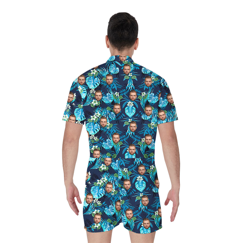 Personalized 1-5 Face Men's Romper With Tropical Blue Print