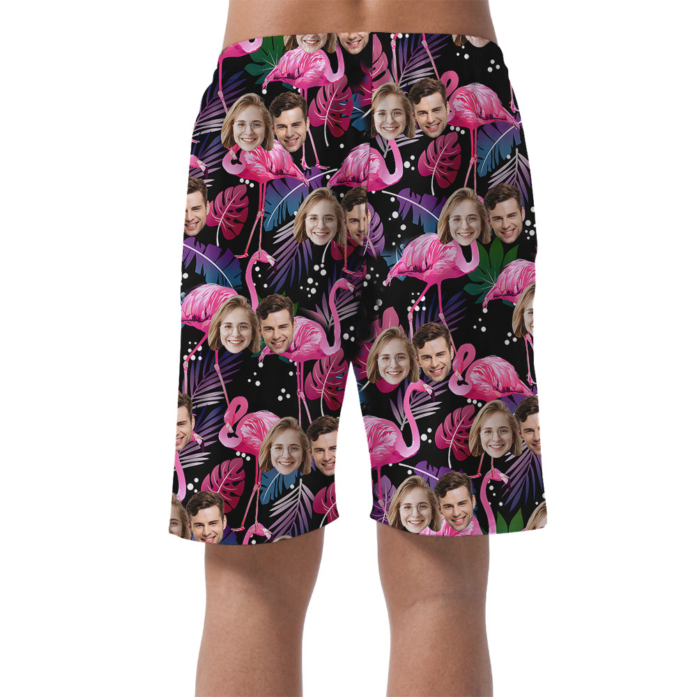Casual Men's Hawaiian Shorts With Flamingo And Faces Print