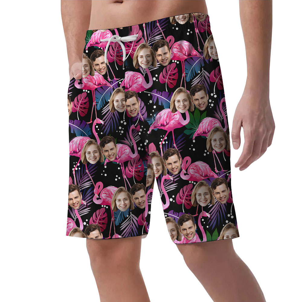 Casual Men's Hawaiian Shorts With Flamingo And Faces Print