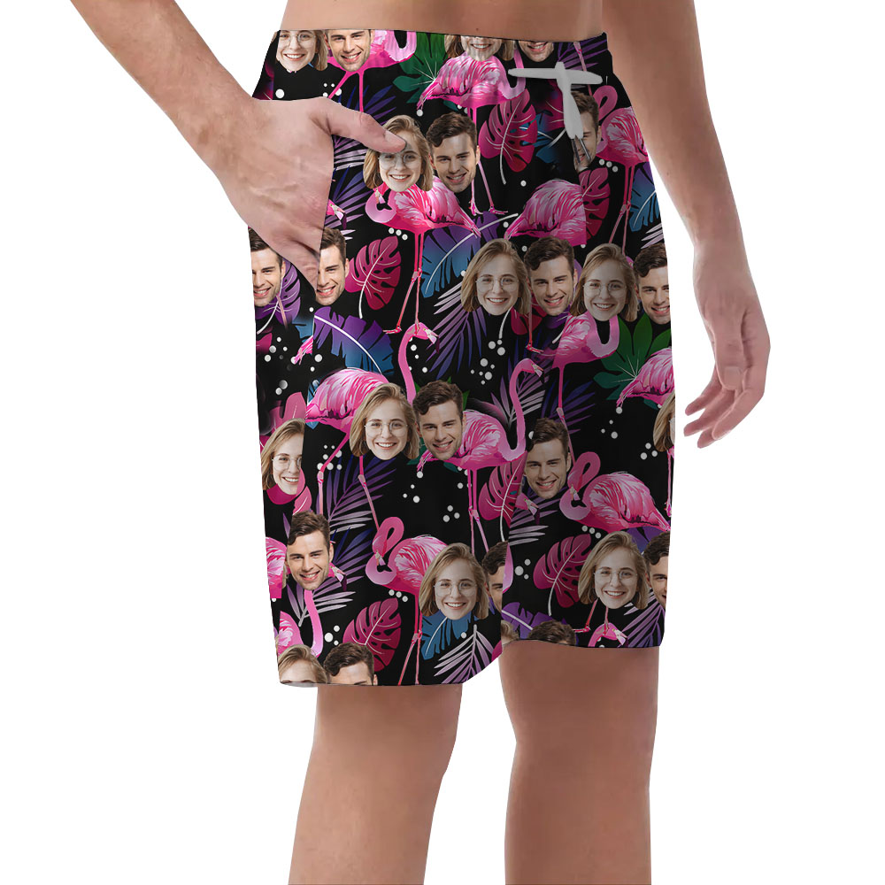Casual Men's Hawaiian Shorts With Flamingo And Faces Print