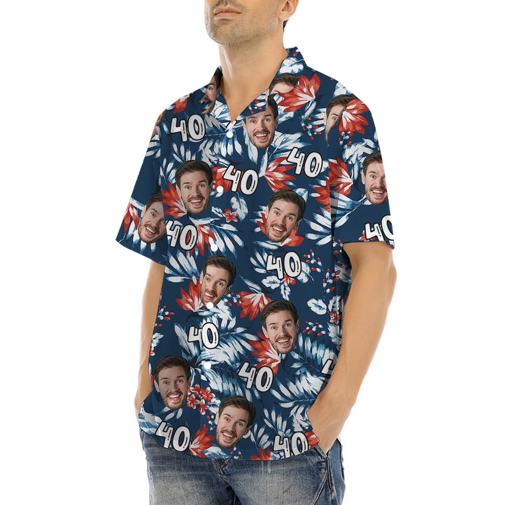 Personalized Face Birthday Hawaiian Button Up Shirt Navy