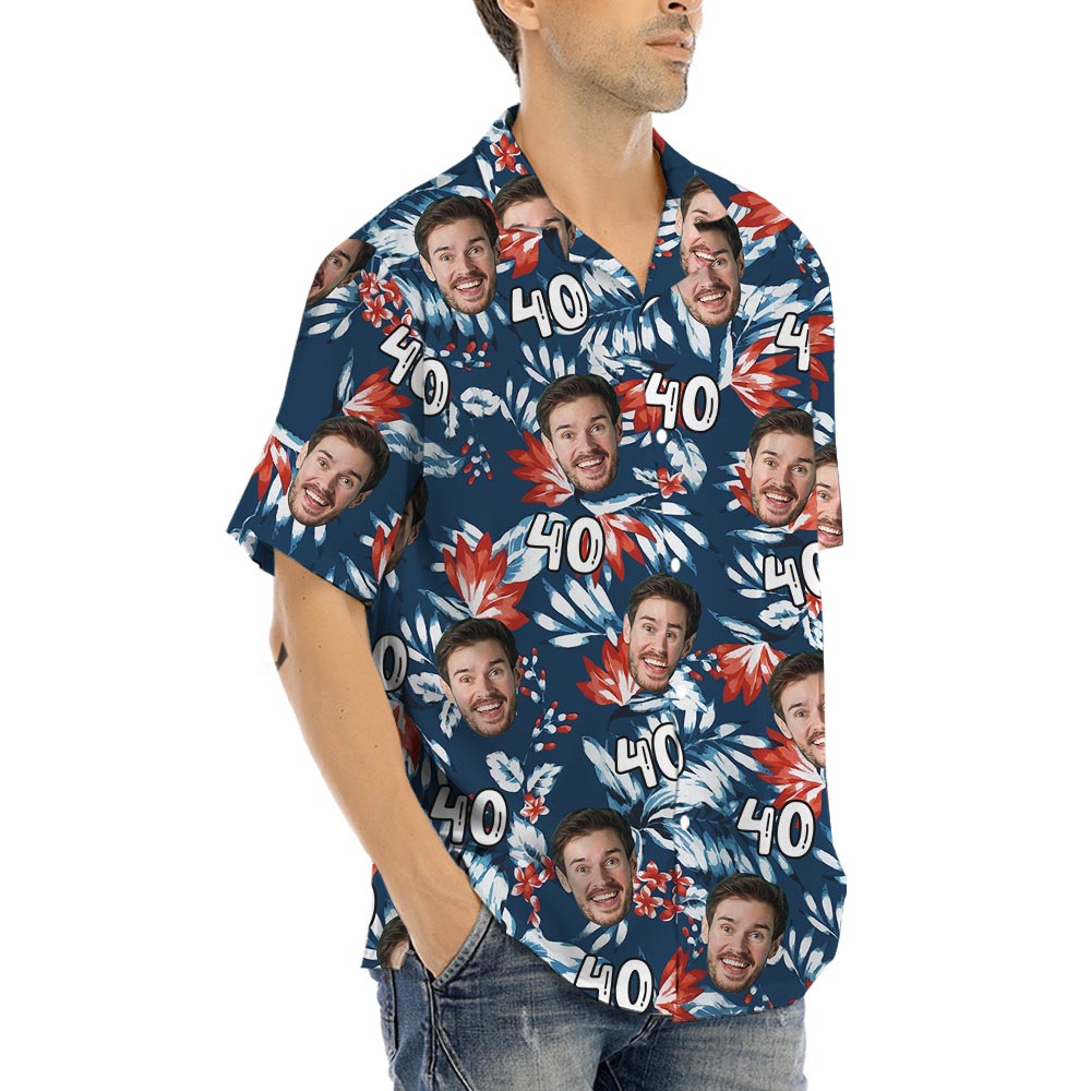 Personalized Face Birthday Hawaiian Button Up Shirt Navy