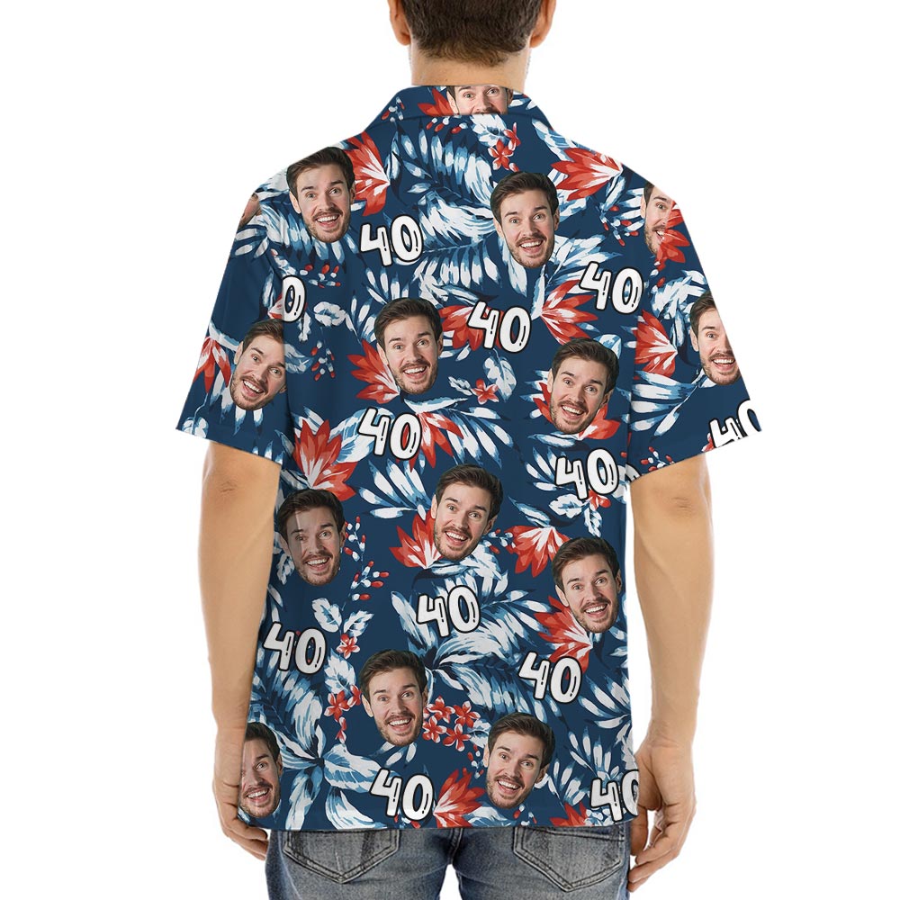 Personalized Face Birthday Hawaiian Button Up Shirt Navy