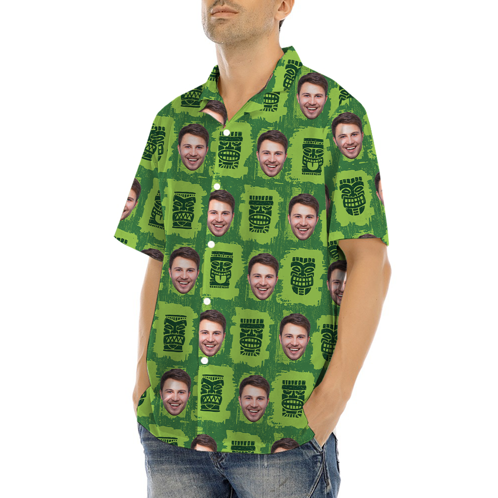 Vintage Tiki Green Aloha Shirt With Custom Face