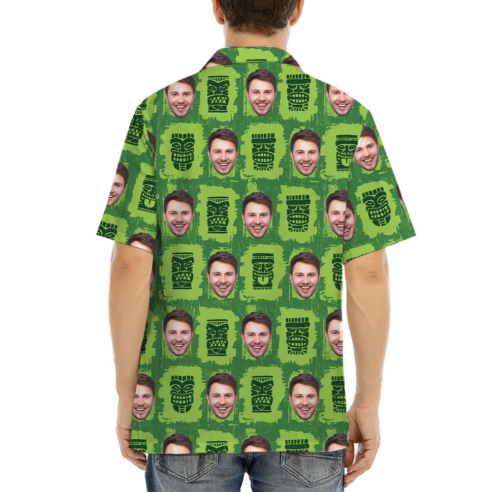 Vintage Tiki Green Aloha Shirt With Custom Face