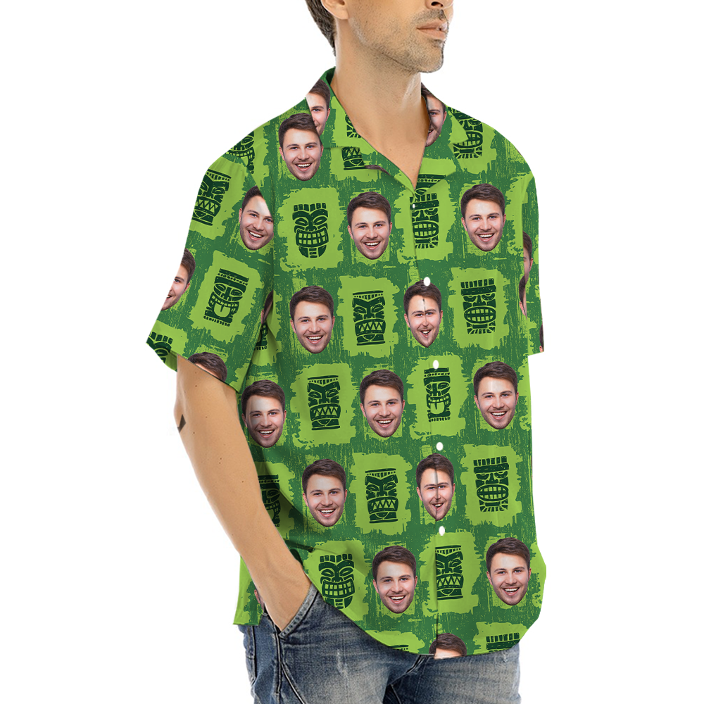 Vintage Tiki Green Aloha Shirt With Custom Face