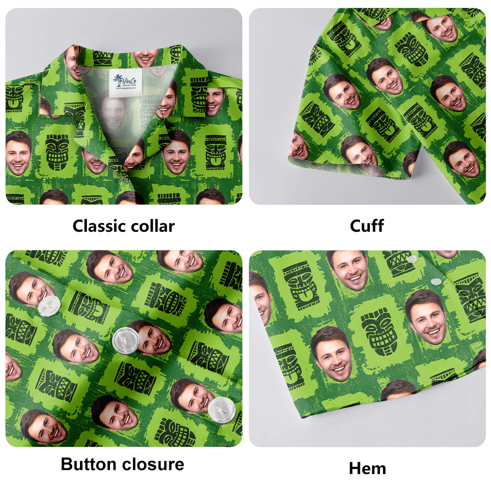 Vintage Tiki Green Aloha Shirt With Custom Face