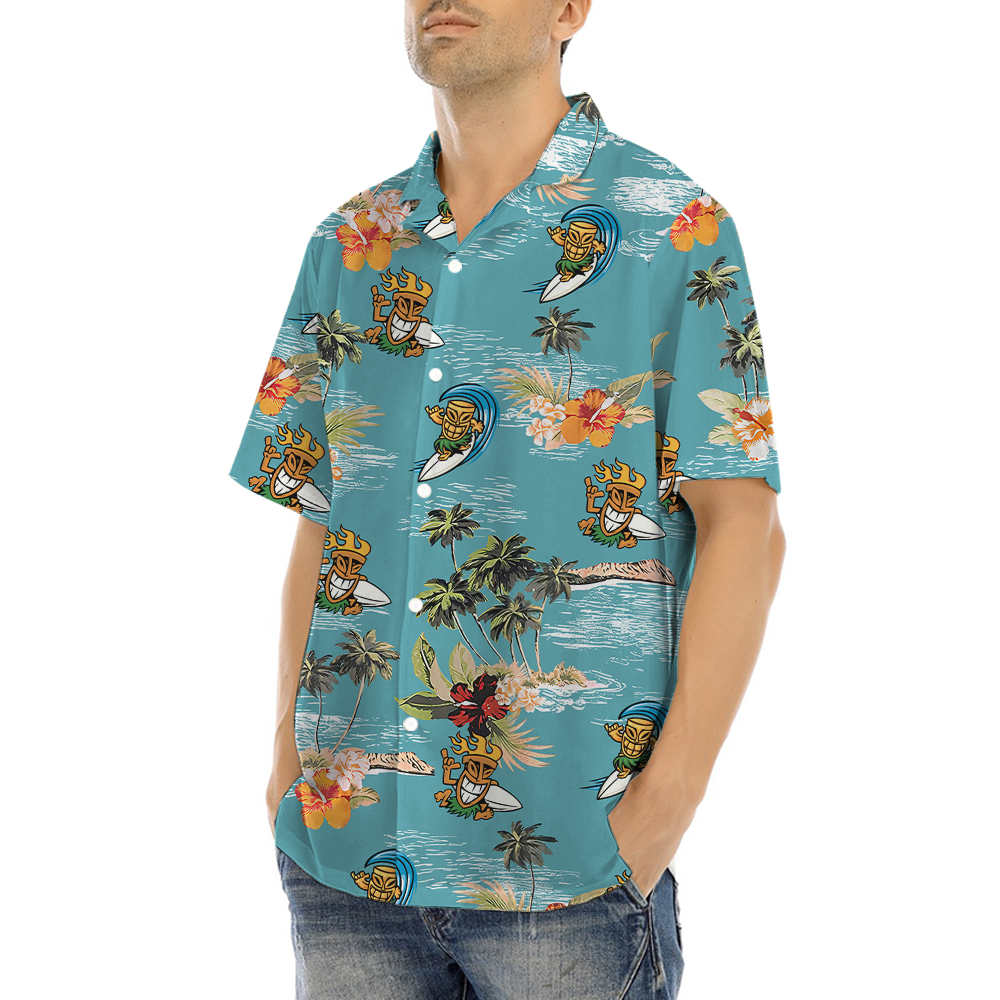 Funny Tiki Surfing Summer Blue Hawaiian Shirt
