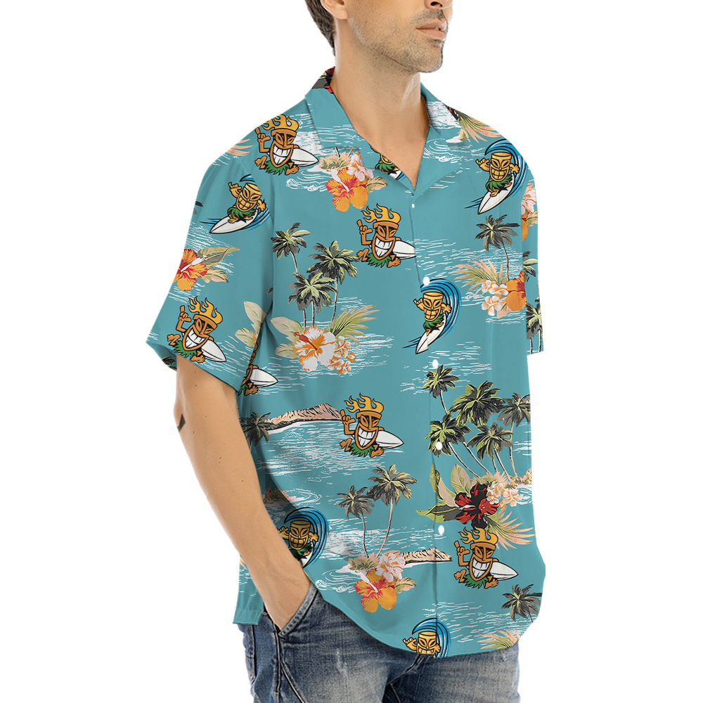 Funny Tiki Surfing Summer Blue Hawaiian Shirt