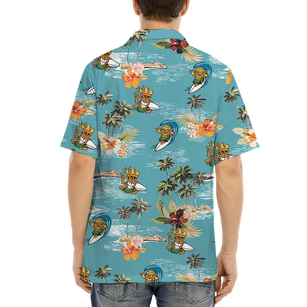 Funny Tiki Surfing Summer Blue Hawaiian Shirt