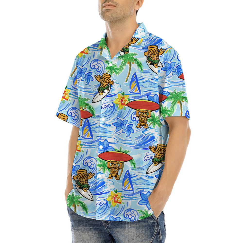 Tiki Surfing Classic Blue Hawaiian Shirt