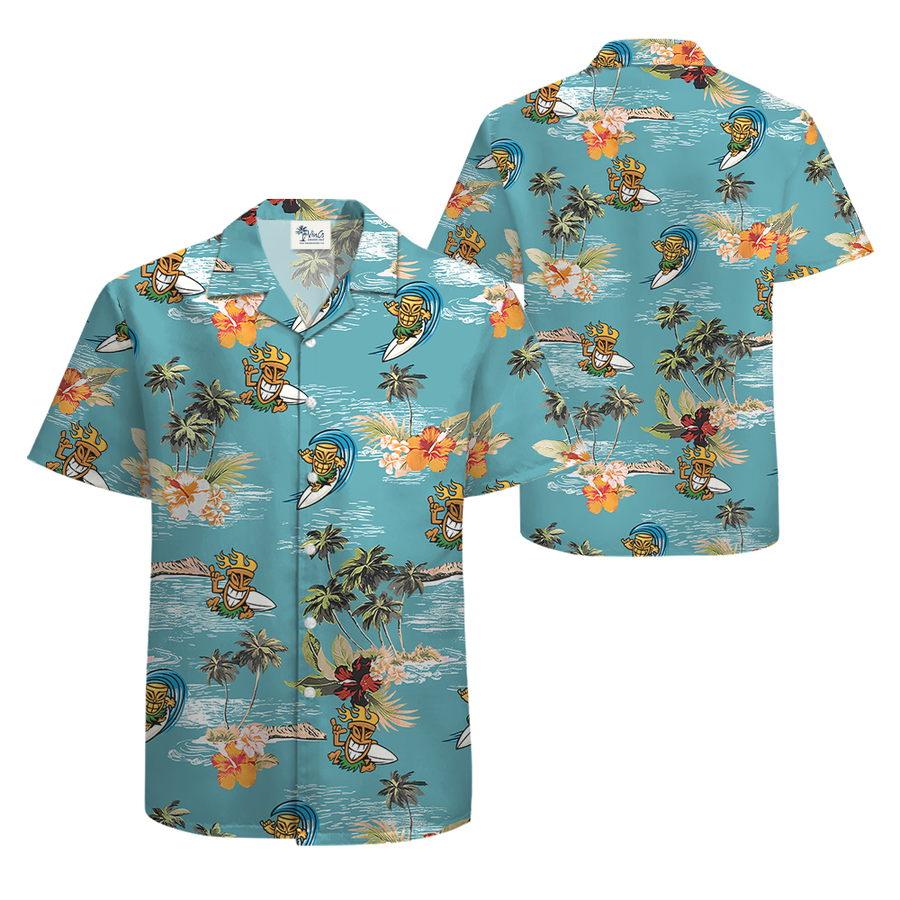 Funny Tiki Surfing Summer Blue Hawaiian Shirt